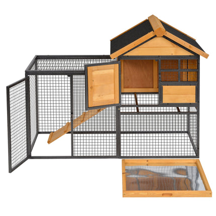 2-Level Rabbit Hutch Bunny Cage, Elevated Pet House with Weatherproof Hinged Asphalt Roof, Removable Tray & Ramp for Outdoor, Natural