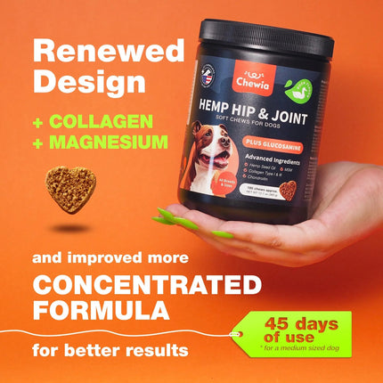 Glucosamine for Dogs - Hemp Hip and Joint Supplement with Chondroitin, MSM, Turmeric & Collagen – Duck Flavor – Healthy Joints & Coat – Free U.S. Shipping