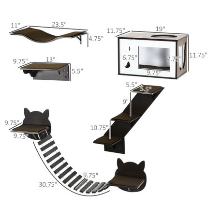 PawHut Wall-Mounted Cat Shelves with Ergonomic Platform & Cozy House – Modern Brown Cat Tree | Petpexi