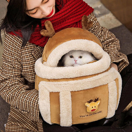 Plush Reindeer Dog Carrier Backpack with Hand Warmers – Winter Travel Bag | Petpexi
