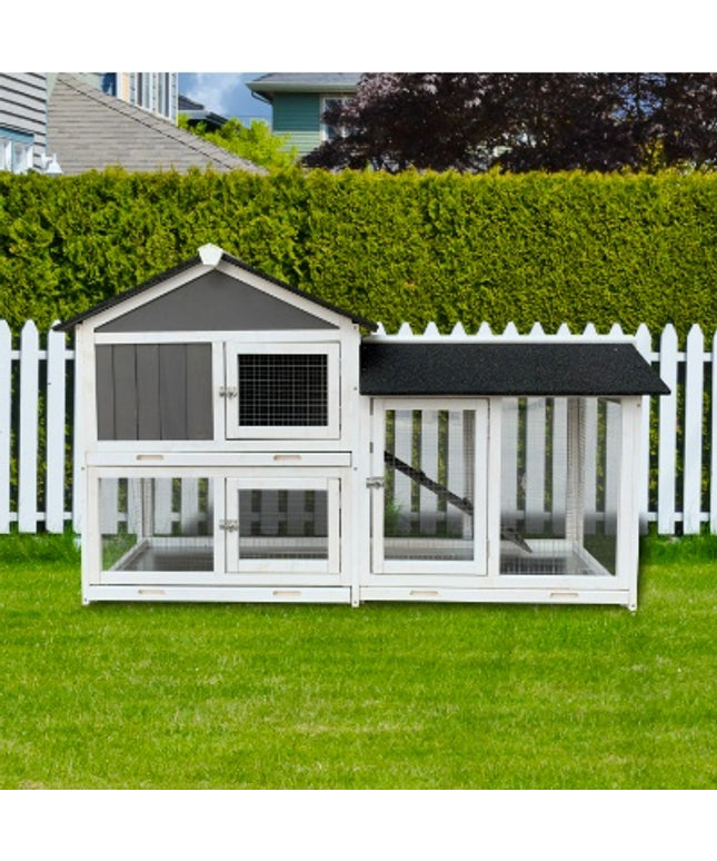 Detachable Pallet Ramp Wooden Outdoor Rabbit Hutch with Multi-Level Design, Weatherproof Roof, and Removable Trays for Small Animals

