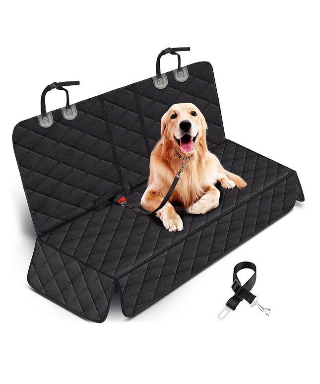 Black waterproof dog car seat cover with adjustable seat belt – universal fit for car, SUV, and truck – available on www.petpexi.com with free US shipping

