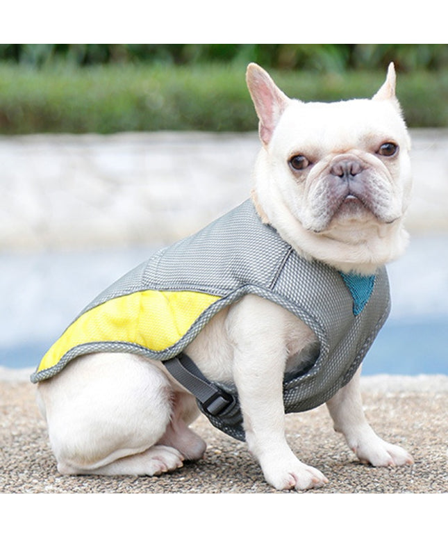 Summer cooling vest for dogs, heat-resistant and breathable with reflective strips for safety and comfort during outdoor activities.


