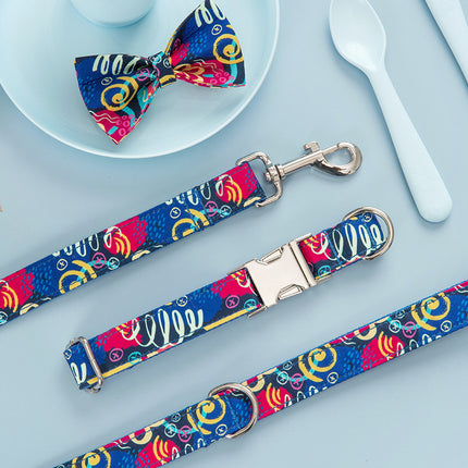 Dog Collar Pet Leash Bow Set in blue graffiti, heavy-duty and tangle-free for all dog sizes from petpexi.com