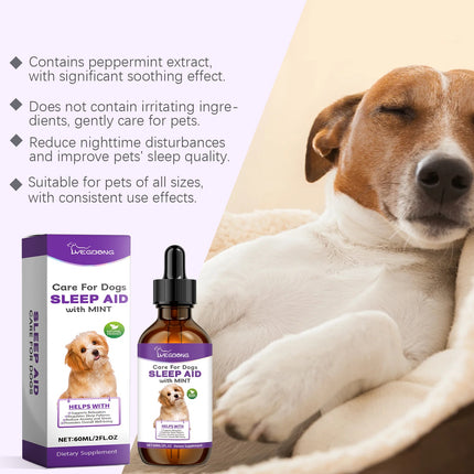 Bottle of Dog Sleep Care Drops by Petpexi containing natural peppermint extract for stable, restful nighttime sleep support

