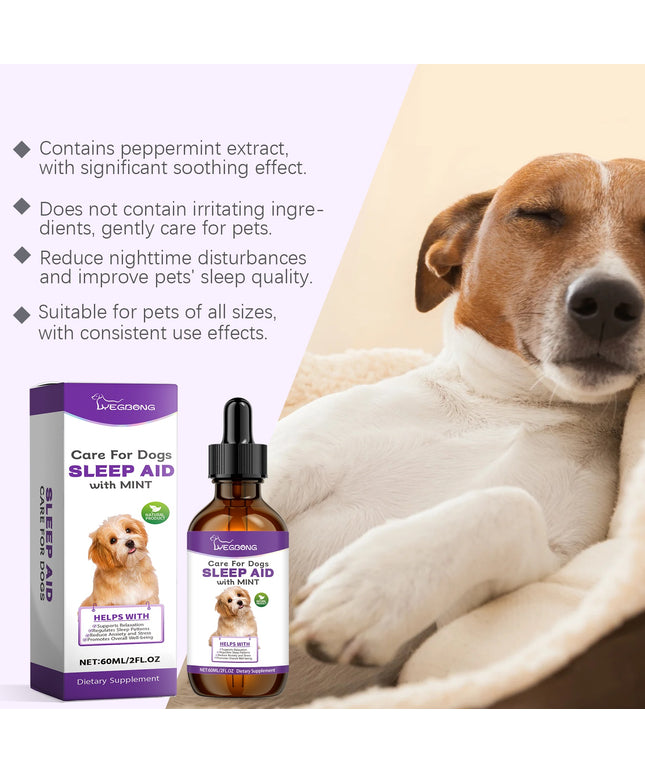 Bottle of Dog Sleep Care Drops by Petpexi containing natural peppermint extract for stable, restful nighttime sleep support

