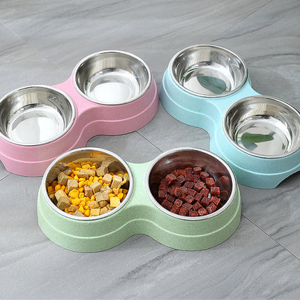 Double stainless steel pet bowls for food and water in blue, green, and pink – perfect for cats, puppies, and small dogs – www.petpexi.com

