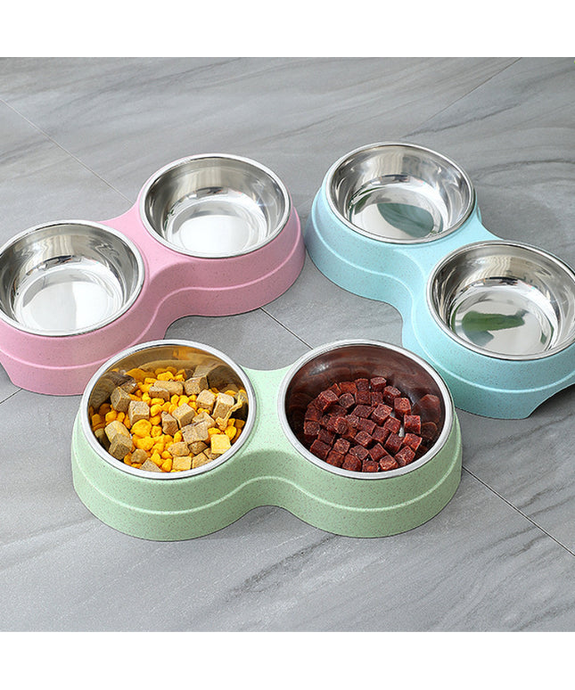Double stainless steel pet bowls for food and water in blue, green, and pink – perfect for cats, puppies, and small dogs – www.petpexi.com


