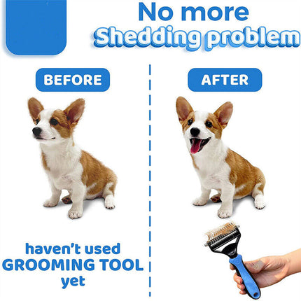 Dual-sided pet grooming brush with 9 and 17 teeth sides for dogs and cats, stainless steel blades, ergonomic rubber handle by Petpexi for deshedding and dematting

