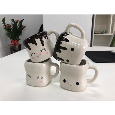 Marshmallow Ceramic Mugs Set of 4 – White & Black Cartoon Style | PetPexi