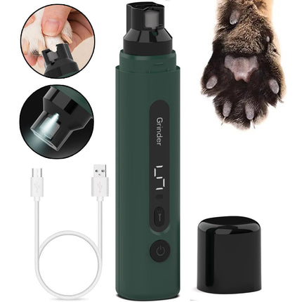 Electric dog nail grinder in dark green with 5-speed settings and LED light by Petpexi, rechargeable and designed for quiet, precise grooming of dogs and cats

