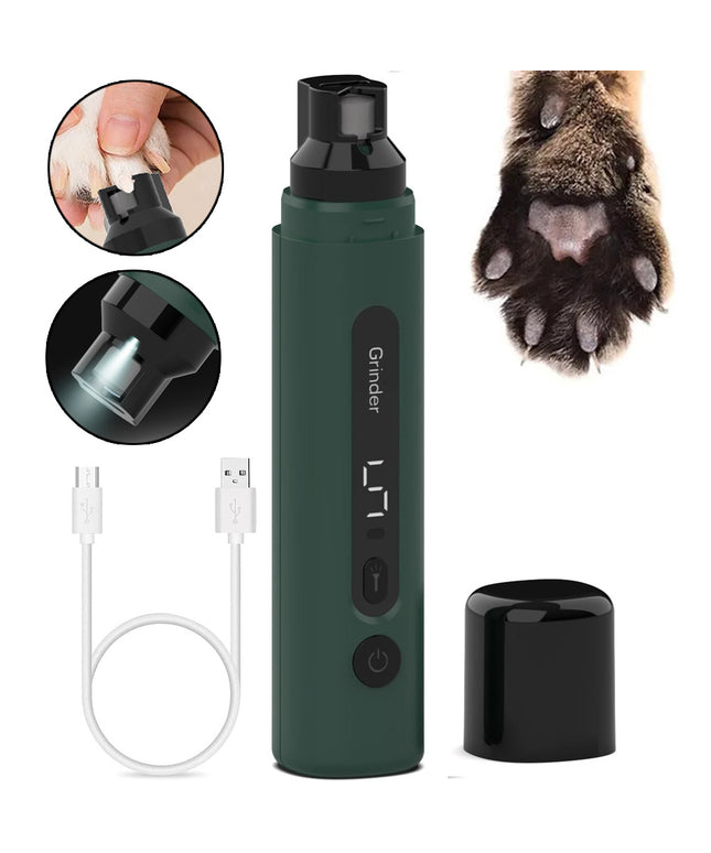Electric dog nail grinder in dark green with 5-speed settings and LED light by Petpexi, rechargeable and designed for quiet, precise grooming of dogs and cats

