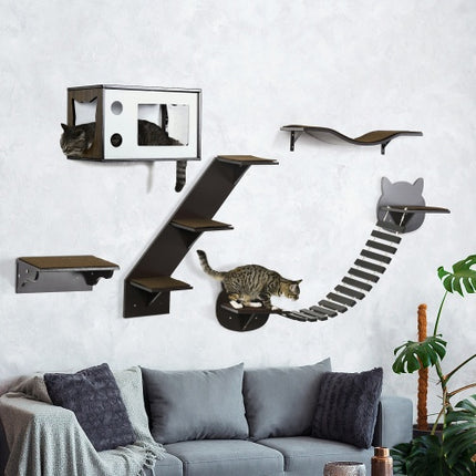 PawHut Wall-Mounted Cat Shelves with Ergonomic Platform & Cozy House – Modern Brown Cat Tree | Petpexi