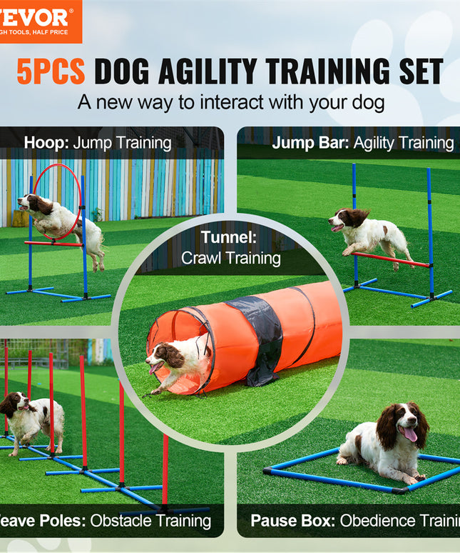 VEVOR Dog Agility Training Set – 5 PCS Professional Kit with Tunnel & Hurdles