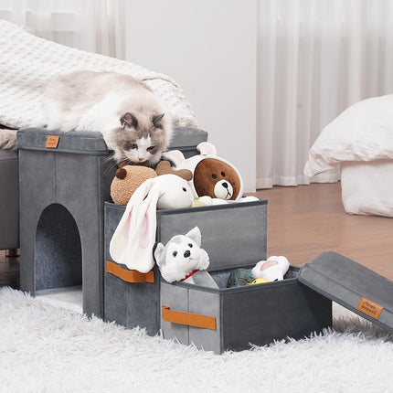 Gray foldable pet storage stairs for dogs, 2 and 3 steps, durable cloth, non-slip, available at www.petpexi.com with fast, free USA shipping.