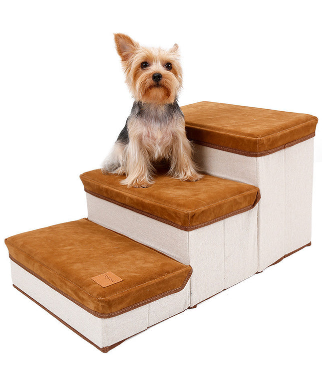Foldable brown pet dog stairs made of flannel and cotton, converts to storage, high quality, available at petpexi.com with fast free USA shipping

