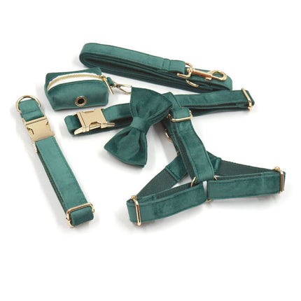 Green velvet dog collar and leash set by Petpexi, featuring elegant gold buckles, festive Christmas green color, including chest harness and dog litter bag

