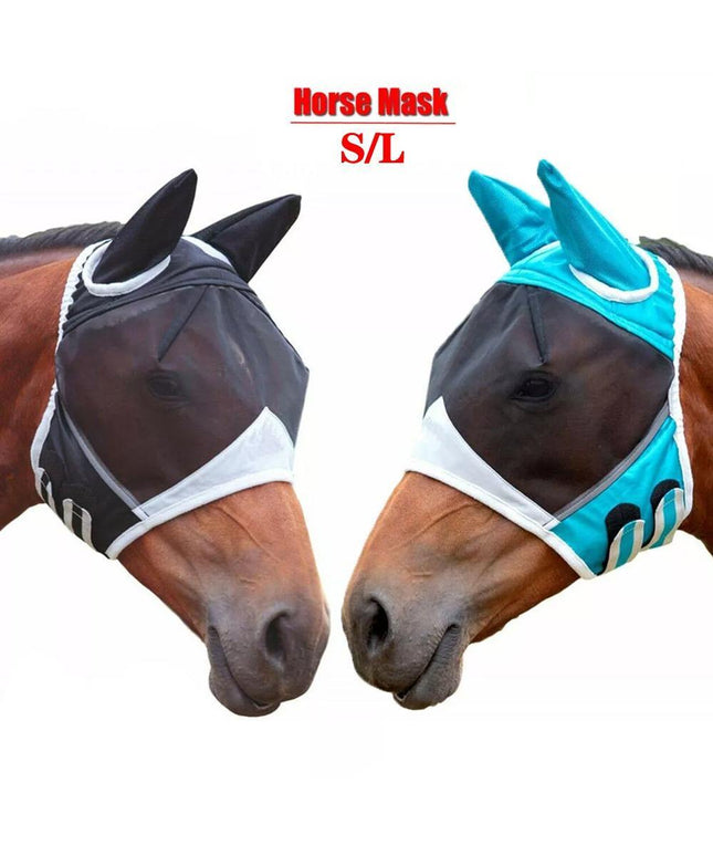 Horse Fly Mask with Extra Comfort Grip Soft Mesh and Ears from PetPexi, available in blue or black with white Velcro, free USA shipping, high-quality protection