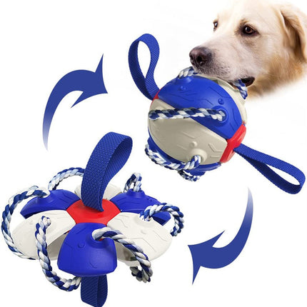 An interactive dog toy that transforms from a frisbee into a football/soccer ball, with a dog playing outdoors. Features chew ropes and vibrant colors. Available at https://www.google.com/search?q=Petpexi.com.

