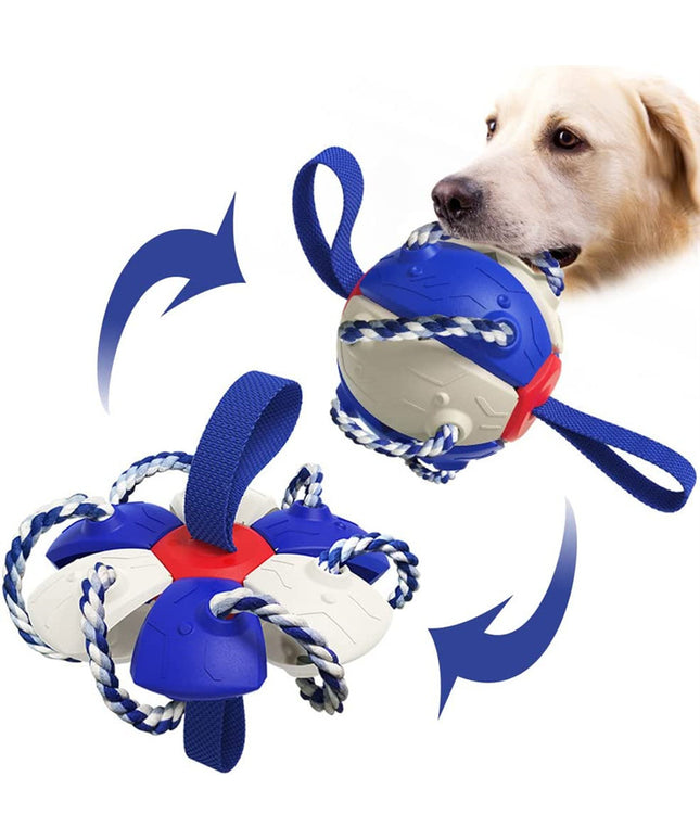 An interactive dog toy that transforms from a frisbee into a football/soccer ball, with a dog playing outdoors. Features chew ropes and vibrant colors. Available at https://www.google.com/search?q=Petpexi.com.

