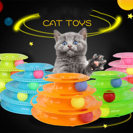 Interactive four-layer cat turntable ball tower toy in pink, blue, and orange colors for active play from PetPexi with free USA shipping

