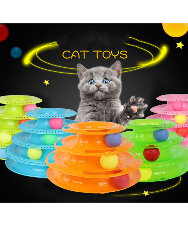 Interactive four-layer cat turntable ball tower toy in pink, blue, and orange colors for active play from PetPexi with free USA shipping

