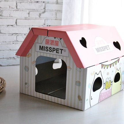 Izakaya Coffee House Cat Scratch Board and Corrugated Cat House with door, made of durable corrugated paper, eco-friendly and safe, available at www.petpexi.com

