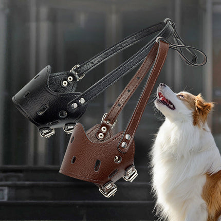 Breathable leather dog muzzle by Petpexi for small, medium, and large long-snout breeds, fully adjustable, secure, and gentle, allows panting and drinking

