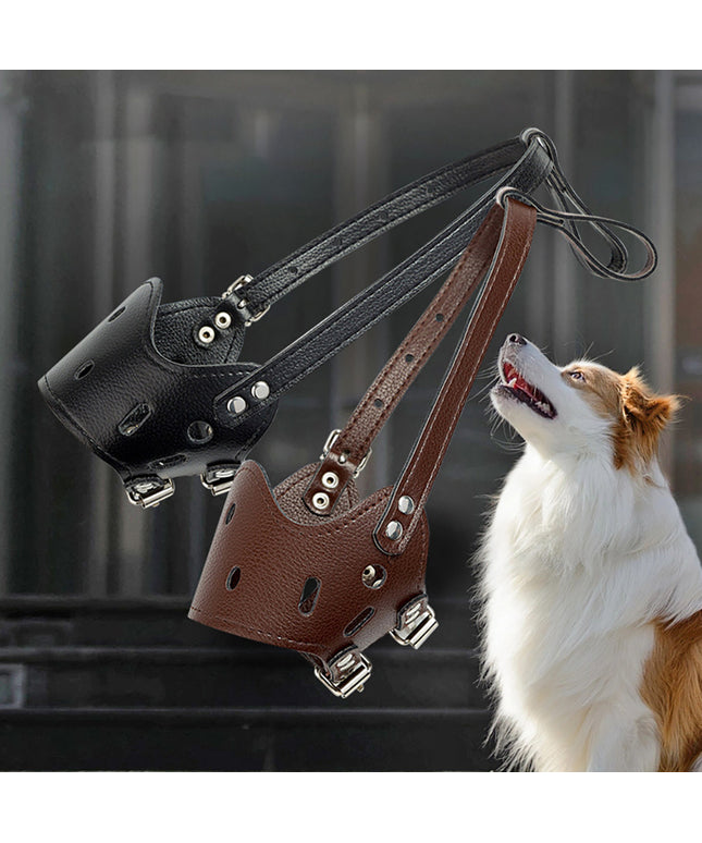 Breathable leather dog muzzle by Petpexi for small, medium, and large long-snout breeds, fully adjustable, secure, and gentle, allows panting and drinking

