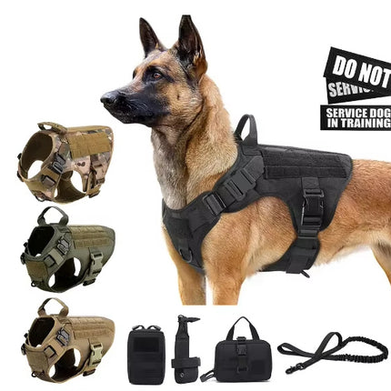 Luxury tactical dog harness and leash set in camouflage, black, brown, and dark green made of heavy-duty 1000D nylon by Petpexi for secure training and outdoor use

