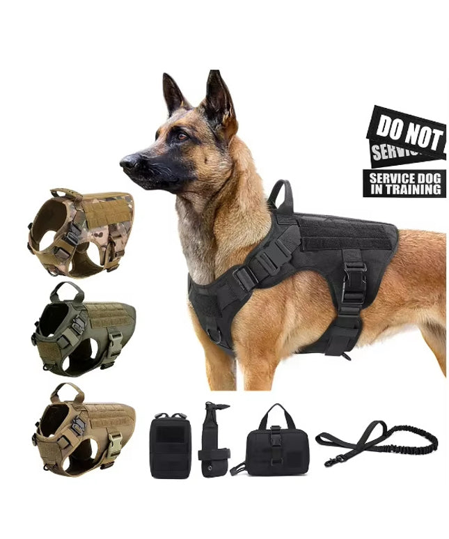 Luxury tactical dog harness and leash set in camouflage, black, brown, and dark green made of heavy-duty 1000D nylon by Petpexi for secure training and outdoor use


