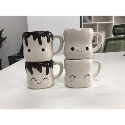 Set of 4 Marshmallow Ceramic Mugs in White and Black with Cartoon Pattern – Premium Quality – PetPexi, Free US Shipping

