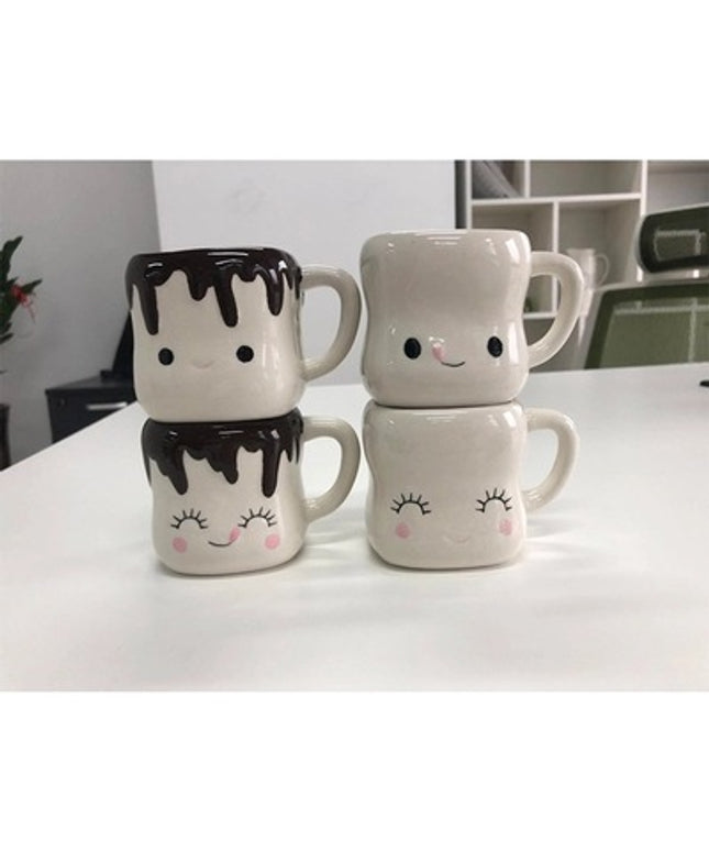 Set of 4 Marshmallow Ceramic Mugs in White and Black with Cartoon Pattern – Premium Quality – PetPexi, Free US Shipping

