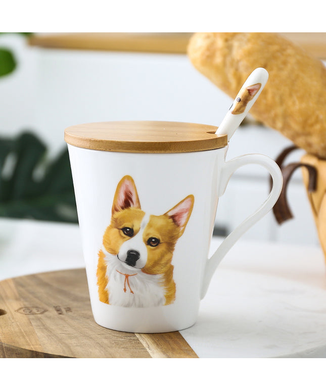 MCorgi Animal Dog Ceramic Mug with Bamboo Lid and Stainless Steel Spoon – 450ml Coffee & Tea Cup – PetPexi, Free US Shipping


