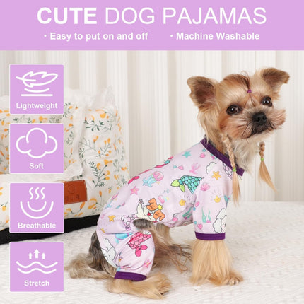 Small dog wearing mermaid print stretchy pajamas from Petpexi – soft poly-cotton dog onesie for sleep and lounging with fast free shipping in the USA

