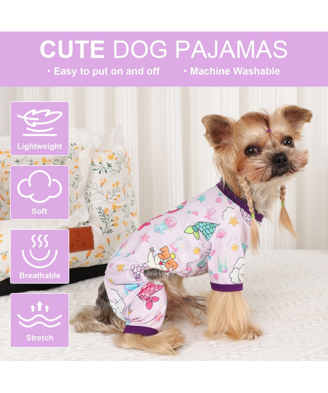 Small dog wearing mermaid print stretchy pajamas from Petpexi – soft poly-cotton dog onesie for sleep and lounging with fast free shipping in the USA

