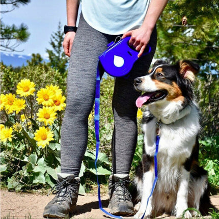 Multifunctional automatic retractable pet leash with ergonomic handle and silicone folding bowl in blue color


