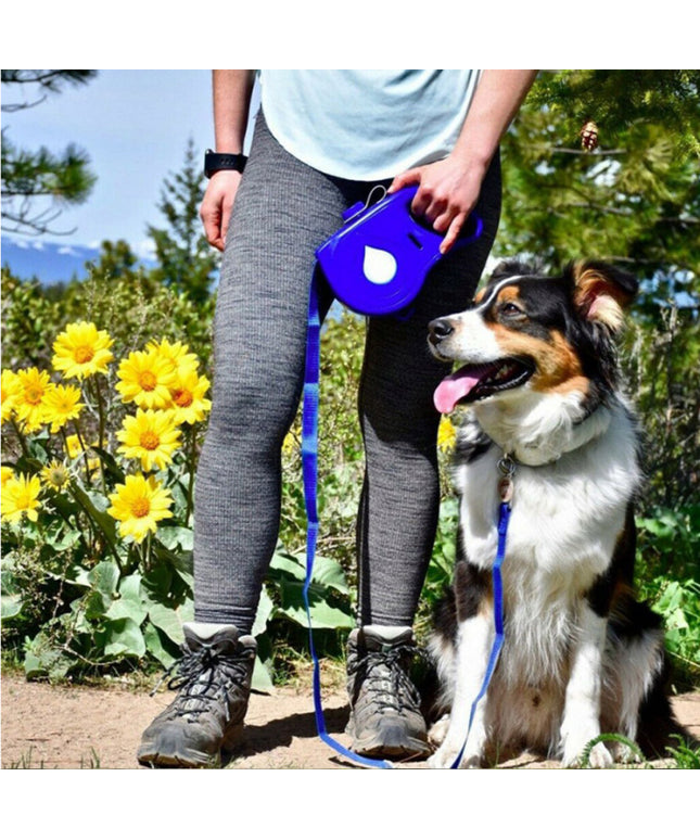Multifunctional automatic retractable pet leash with ergonomic handle and silicone folding bowl in blue color

