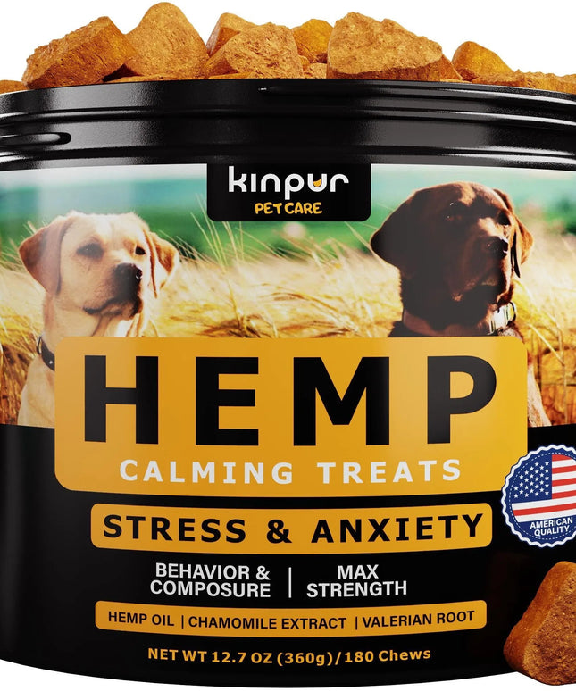 Natural calming chews for dogs with hemp oil and valerian root, promoting relaxation and joint health, duck flavored.

