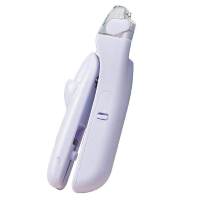 LED pet nail clippers in purple, white, and green with stainless steel blade and ergonomic ABS handle by Petpexi for cats and small dogs

