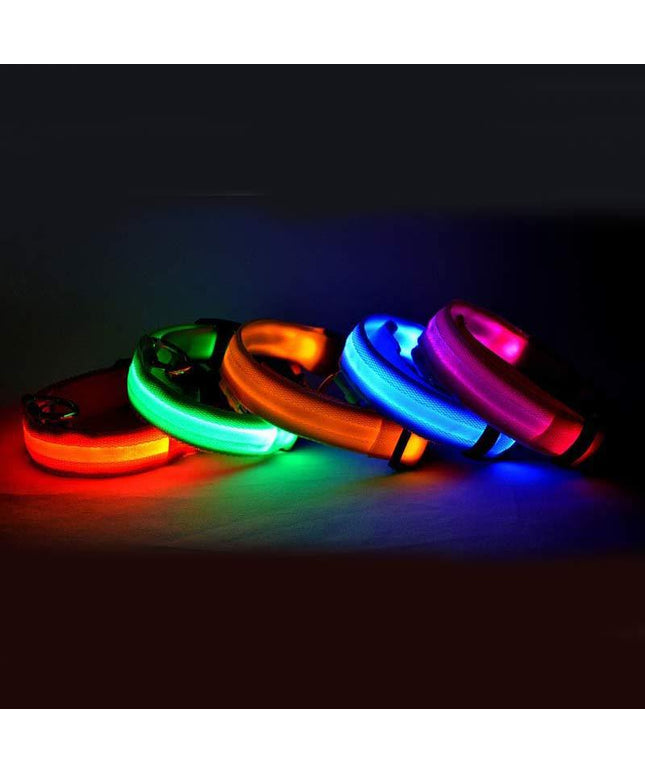 Nylon LED luminous dog collar by Petpexi, flashing glow safety collar, seven colors, adjustable fit for dogs and cats, USB rechargeable or battery-powered, XS to XL sizes

