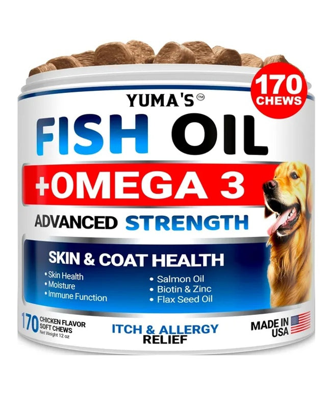 Omega 3 Fish Oil Chews for Dogs – Promotes Shiny Coat & Healthy Skin – 170 Chews – Free U.S. Shipping

