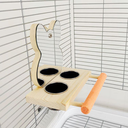 Parrot Puzzle Bird Toy – Grinding claw stand, stainless steel food cup, and mirror.

