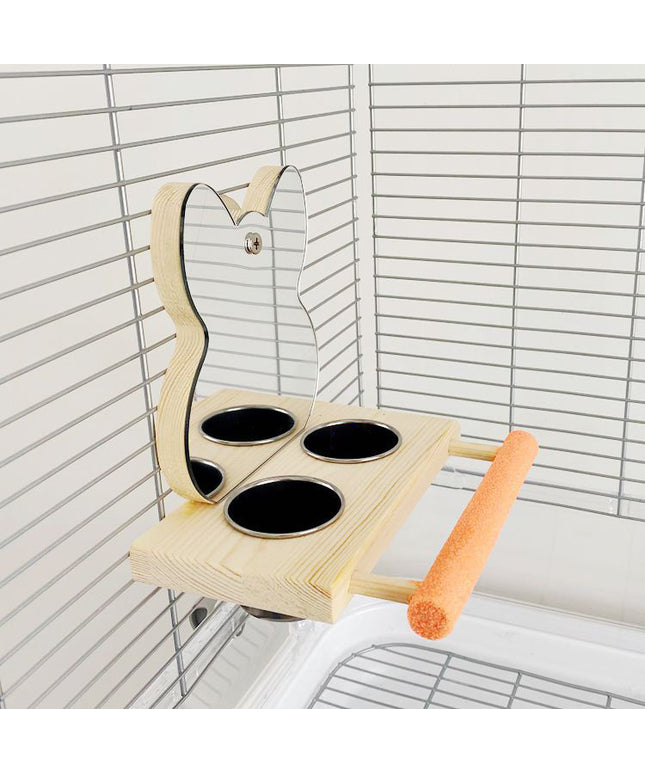 Parrot Puzzle Bird Toy – Grinding claw stand, stainless steel food cup, and mirror.

