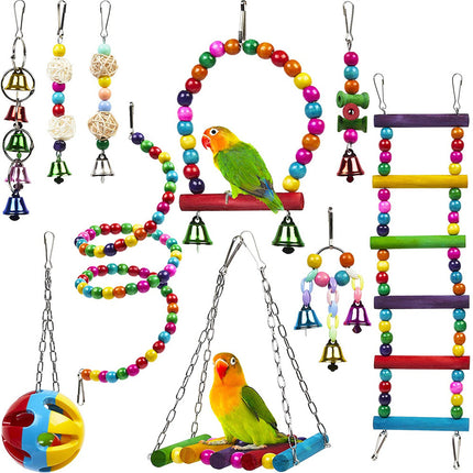 Parrot Toy Set – 10-piece wooden bead, ladder, and swing toys for birds.