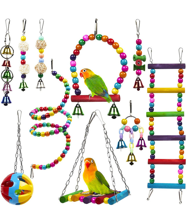 Parrot Toy Set – 10-piece wooden bead, ladder, and swing toys for birds.