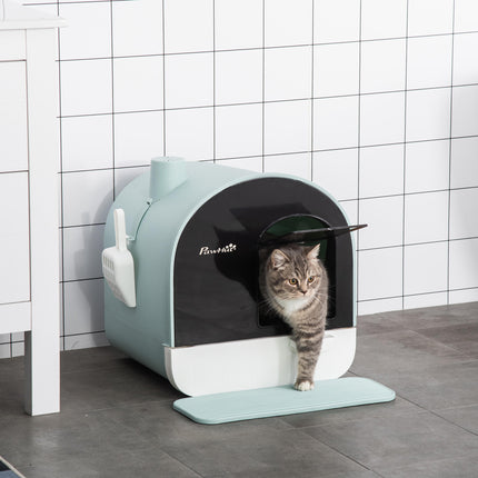 PawHut Cat Litter Box with Lid, Tray, Spoon, and Strainer in green, indoor cat toilet sold by www.petpexi.com

