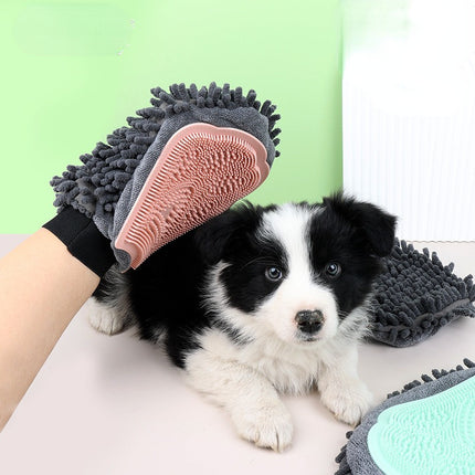 2-in-1 pet bathing brush and grooming glove with flexible silicone massage and chenille microfiber drying sides in green, pink, and blue by Petpexi

