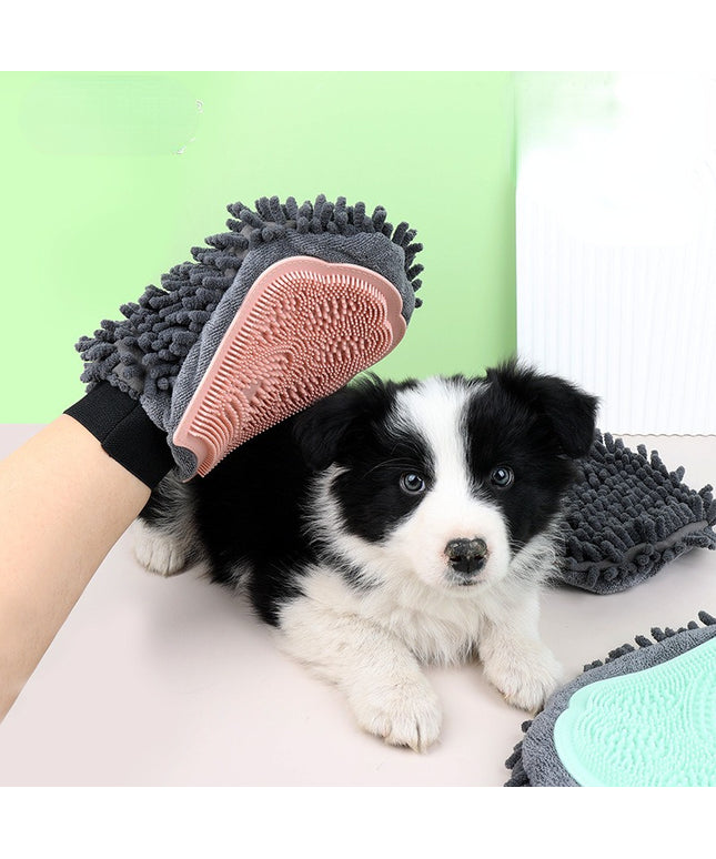 2-in-1 pet bathing brush and grooming glove with flexible silicone massage and chenille microfiber drying sides in green, pink, and blue by Petpexi

