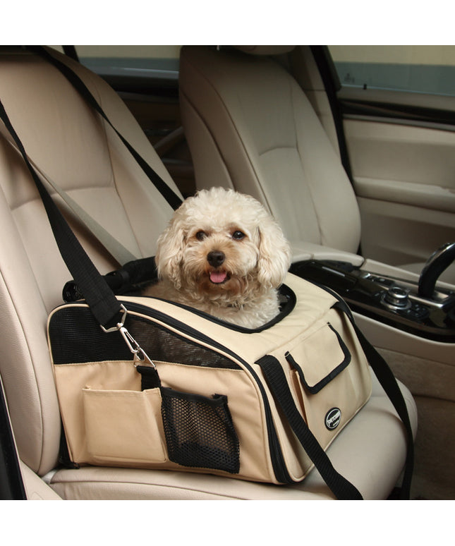 Beige and dark gray crossbody pet car bag for dogs and cats – breathable, durable, and perfect for travel – Available on www.petpexi.com


